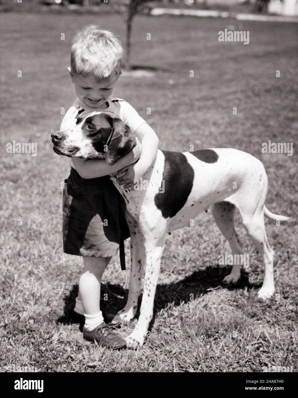 1950s BLONDE BOY TODDLER HUGGING POINTER DOG AND SMILING  - d8 HAR001 HARS EMBRACING B&W TODDLERS POINTER HAPPINESS MAMMALS AND CANINES POOCH FRIENDLY BABY BOY PERSONAL ATTACHMENT PLEASANT AFFECTION AGREEABLE CANINE CHARMING EMOTION JUVENILES LOVABLE MAMMAL PLEASING TOGETHERNESS ADORABLE APPEALING BLACK AND WHITE CAUCASIAN ETHNICITY HAR001 OLD FASHIONED Stock Photo