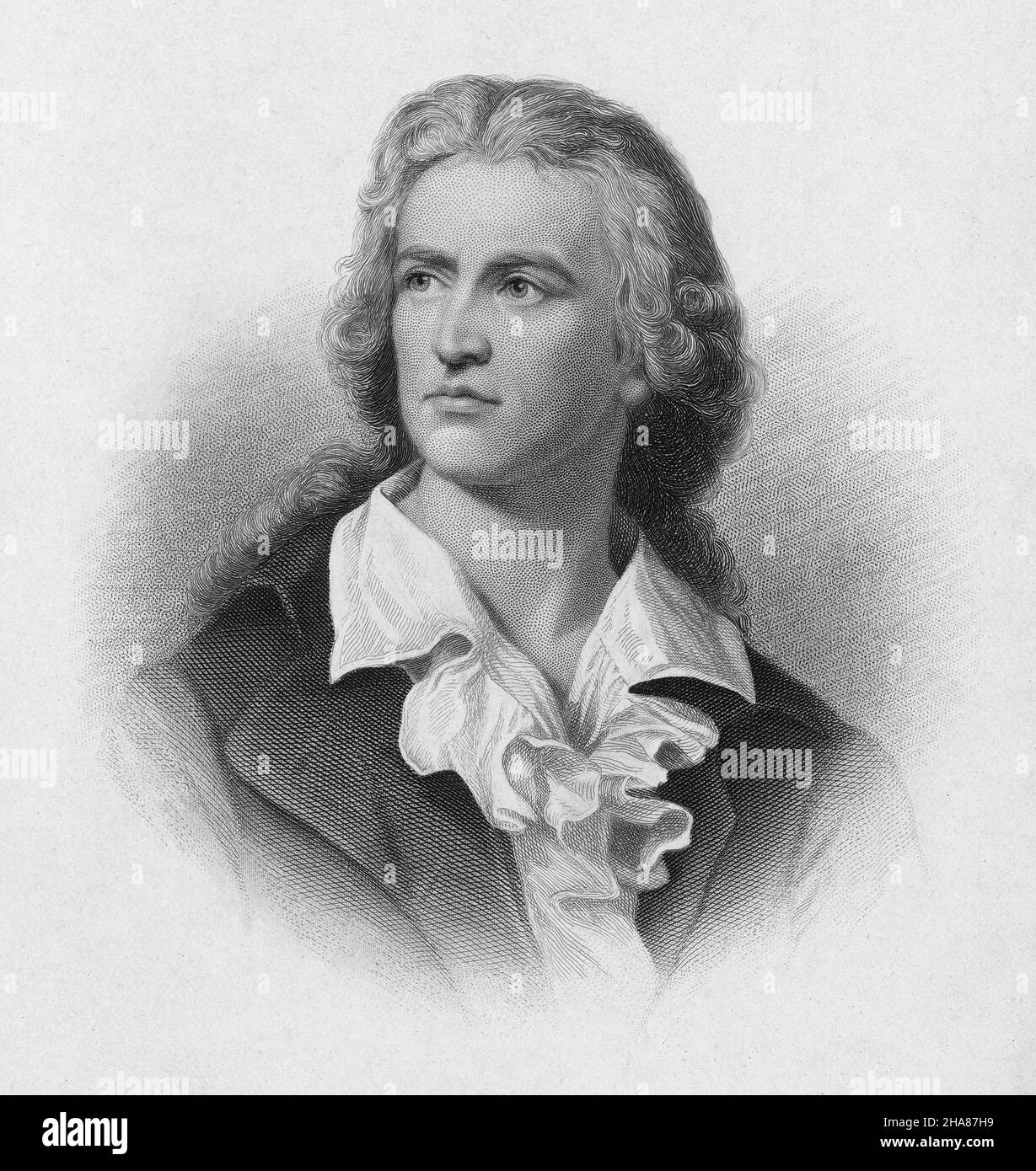 Antique circa 1870 engraving of Friedrich Schiller by Henry Bryan Hall (New York). Johann Christoph Friedrich (von) Schiller (1759-1805) was a German playwright, poet, and philosopher. SOURCE: ORIGINAL ENGRAVING Stock Photo