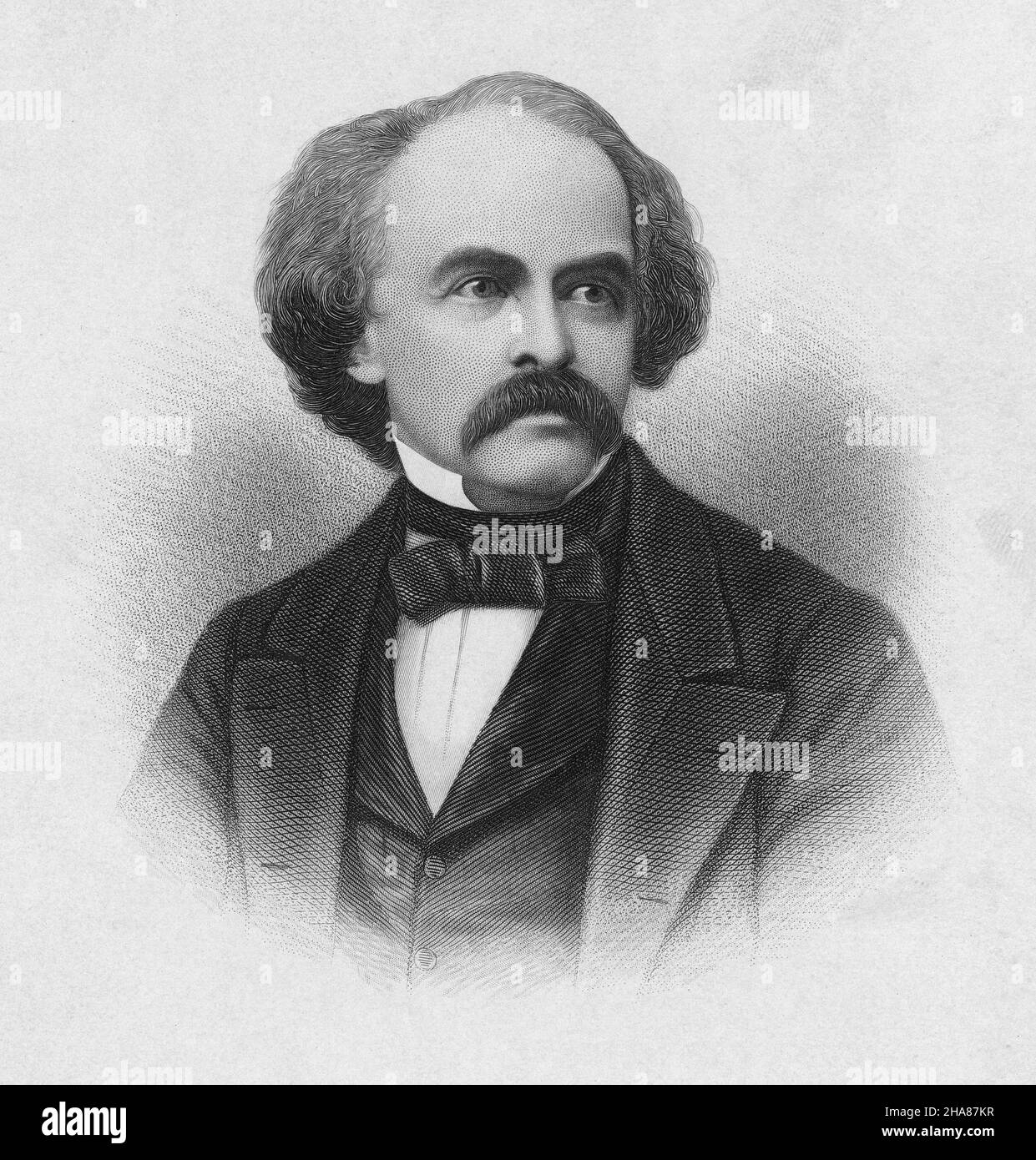 Antique circa 1870 engraving of Nathaniel Hawthorne by Henry Bryan Hall (New York). Nathaniel Hawthorne (1804-1864) was an American novelist, dark romantic, and short story writer. SOURCE: ORIGINAL ENGRAVING Stock Photo