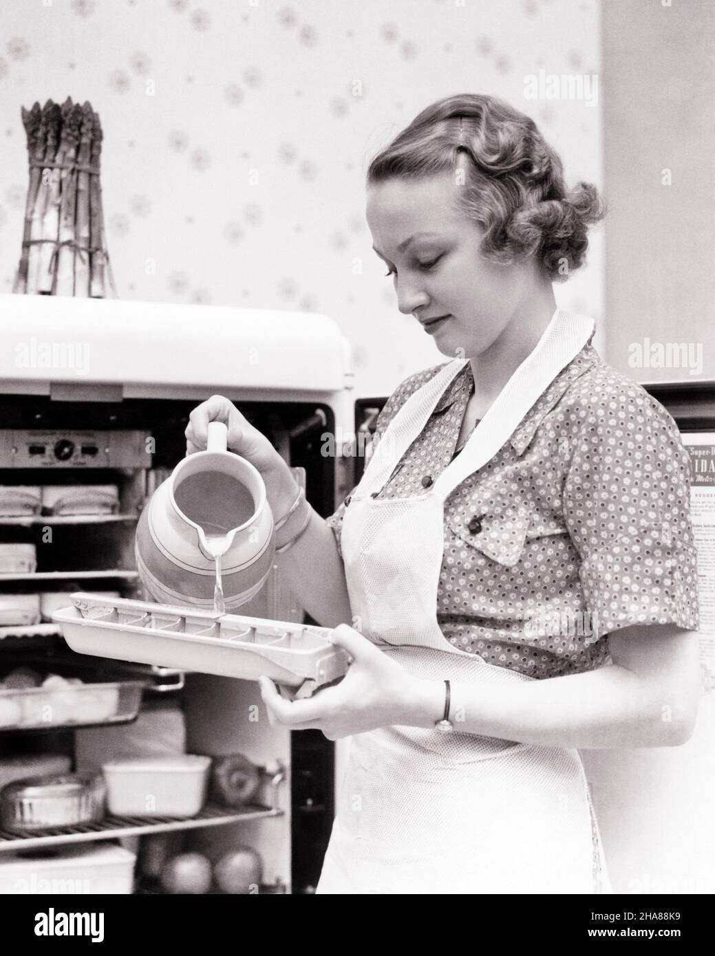 1930s SMILING YOUNG HOUSEWIFE WEARING APRON POURING WATER INTO ALUMINUM ICE CUBE TRAY STANDING BEFORE OPEN REFRIGERATOR - h6011 HAR001 HARS SATISFACTION CHORES FEMALES STUDIO SHOT HOME LIFE LUXURY COPY SPACE HALF-LENGTH LADIES PERSONS CARING CONFIDENCE EXPRESSIONS B&W HOMEMAKER CUBE PITCHER BEFORE HOMEMAKERS REFRIGERATION CHEERFUL CHORE INNOVATION HOUSEWIVES SMILES TASKS ICE CUBES JOYFUL STYLISH ALUMINUM ICEBOX COOLING TASK YOUNG ADULT WOMAN BLACK AND WHITE CAUCASIAN ETHNICITY HAR001 OLD FASHIONED Stock Photo