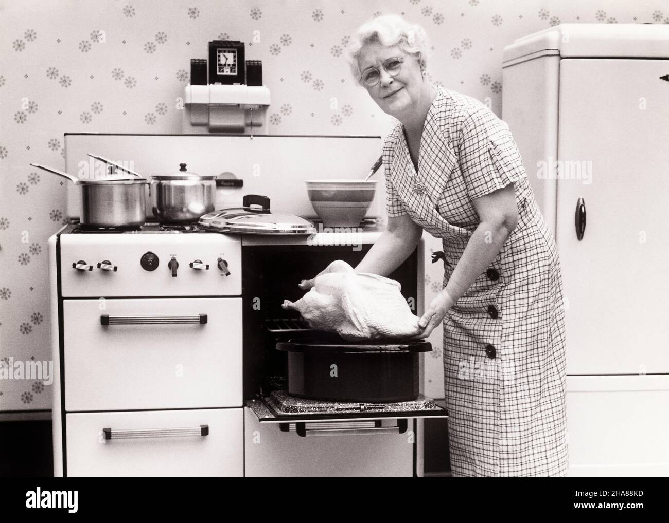 Woman putting turkey on cooker, girl in background Stock Photo - Alamy