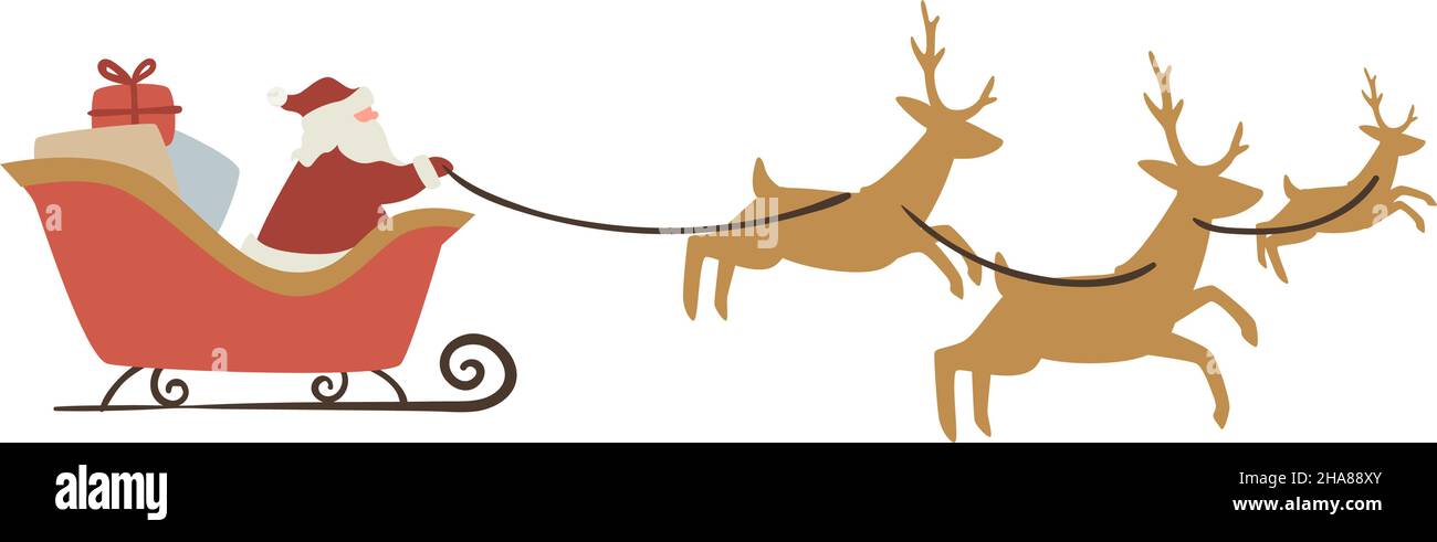 Christmas and new year celebration, isolated Santa Claus riding in sleigh with reindeers delivering presents and gifts for children. Winter holiday tr Stock Vector
