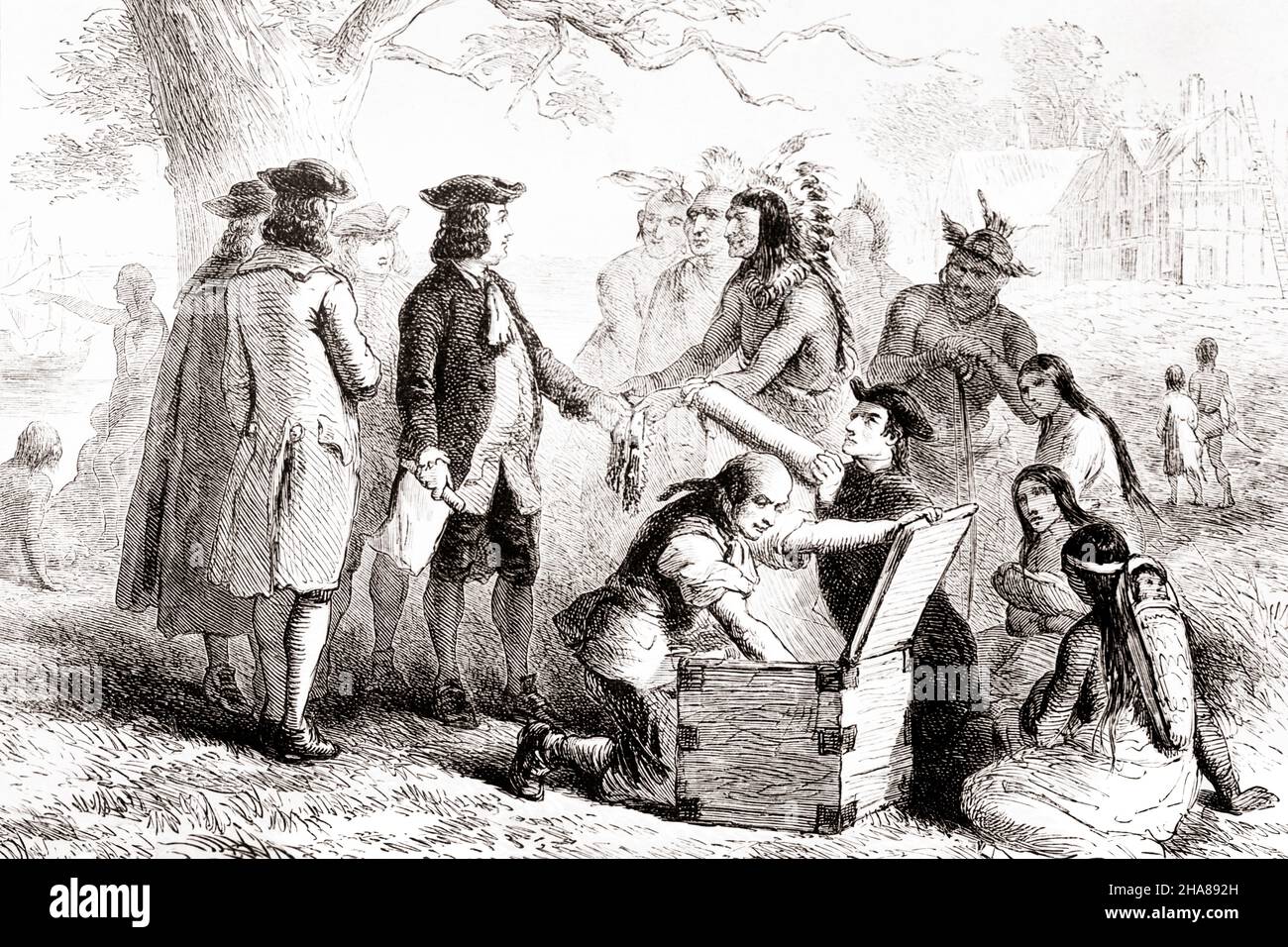1600s 1682 WILLIAM PENN UNDER TREATY ELM TRADING WITH TAMANEND CHIEF OF TURTLE CLAN OF DELAWARE VALLEY LENNI-LENAPE INDIANS  - i5990 LAN001 HARS COPY SPACE FRIENDSHIP FULL-LENGTH LADIES PERSONS INDIANS MALES RISK MIDDLE-AGED B&W NORTH AMERICA MIDDLE-AGED MAN NORTH AMERICAN WIDE ANGLE TEMPTATION MIDDLE-AGED WOMAN AGREE AGREEMENT CHOICE LEADERSHIP PROGRESS COLONY PENN NATION OPPORTUNITY AUTHORITY OCCUPATIONS POLITICS SHAKING HANDS TRADING CONCEPTUAL TRIBE COLONISTS NATIVE AMERICAN QUAKER TAMMANY 1600s 1682 DELAWARE VALLEY MID-ADULT MID-ADULT MAN MID-ADULT WOMAN NATIVE AMERICANS 1683 Stock Photo