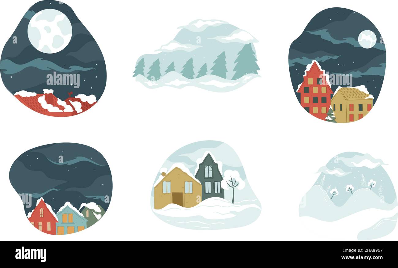 City and village in winter, scenery with snowy weather and frost. Buildings rooftops covered with snow, forest with pine trees and landscapes of field Stock Vector