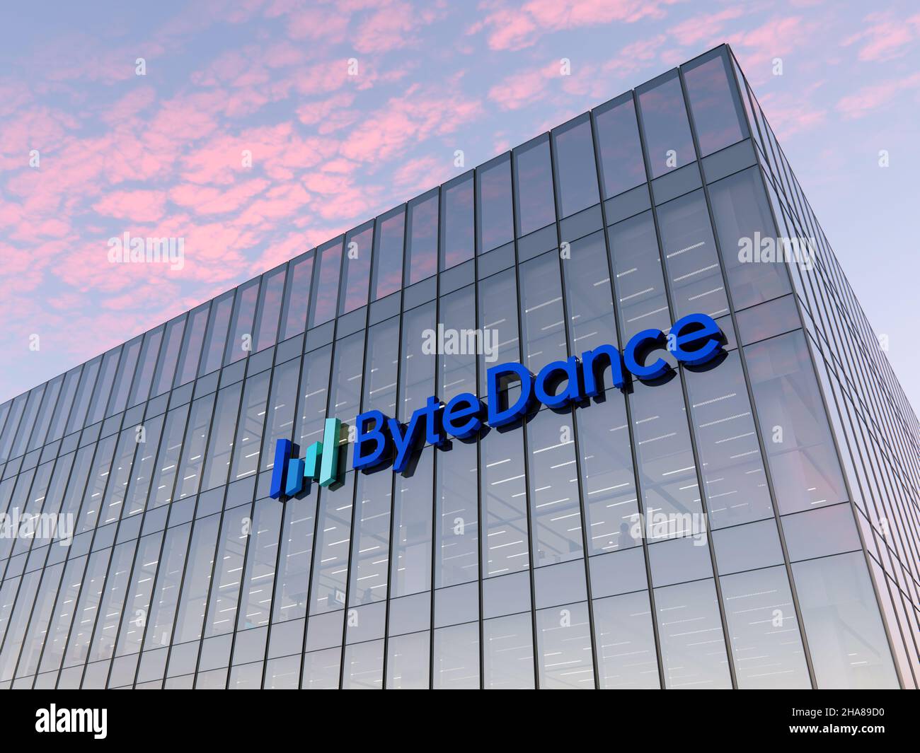 Beijing, China. November 5, 2021. Editorial Use Only, 3D CGI. ByteDance Holding Signage Logo on Top of Glass Building. Workplace Internet Company Offi Stock Photo