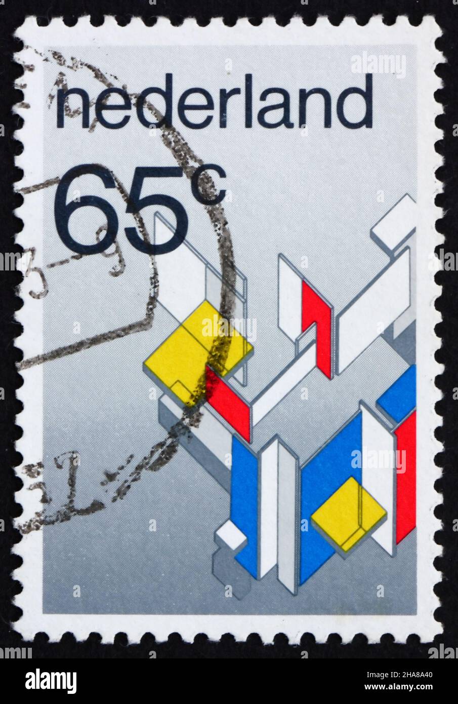 NETHERLANDS - CIRCA 1983: a stamp printed in the Netherlands shows Maison Particuliere contra Construction, by C. van Eesteren and T. van Doesburg, Mo Stock Photo
