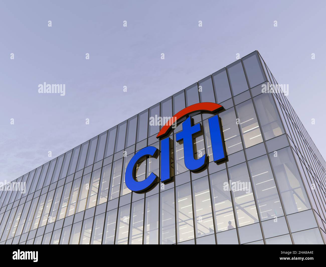 New York, USA. December 5, 2021. Editorial Use Only, 3D CGI. Citi Signage Logo on Top of Glass Building. Citigroup Workplace Financial Services Compan Stock Photo