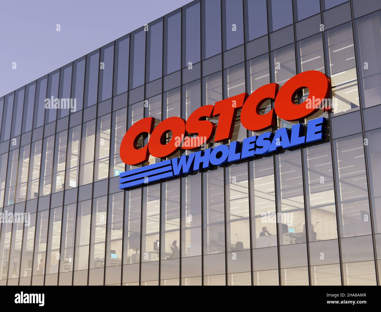 Issaquah, WA, USA. December 11, 2021. Editorial Use Only, 3D CGI. Costco Wholesale Signage Logo Top of Glass Building. Workplace of Big-box Store Comp Stock Photo