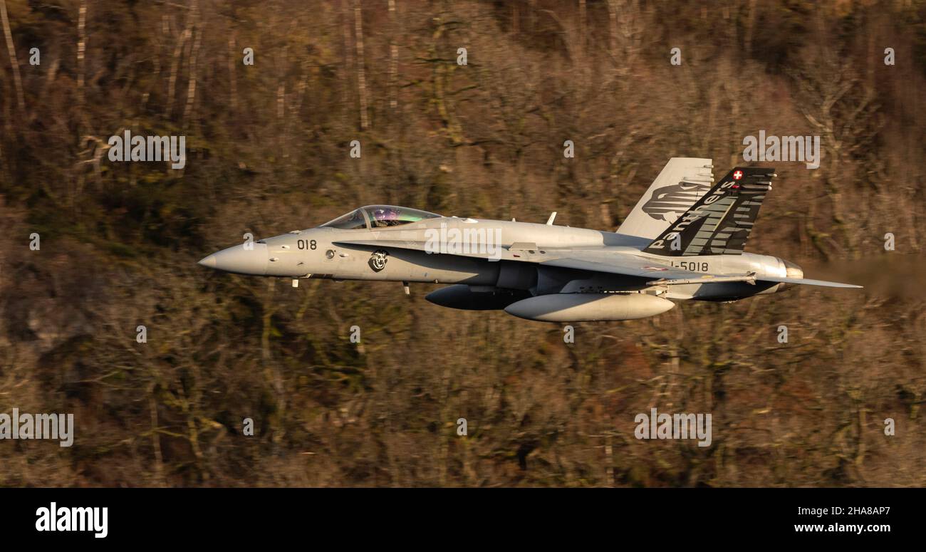 Swiss F-18 Hornets low flying in LFA17 during exercise Yorknite 2021 Stock Photo