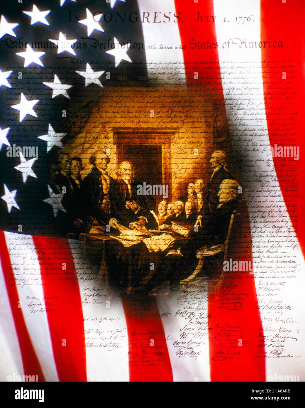 1970s 1770s COMPOSITE IMAGE OF THE SIGNING OF THE DECLARATION OF INDEPENDENCE THE DOCUMENT ITSELF AND THE AMERICAN FLAG  - kh5055 HAR001 HARS UNITED STATES OF AMERICA MALES RISK AMERICANA NORTH AMERICA FREEDOM NORTH AMERICAN SUCCESS WARS DOCUMENT IMAGE AND COMPOSITE EXCITEMENT LEADERSHIP PA PRIDE OPPORTUNITY 1776 AUTHORITY POLITICS WAR OF INDEPENDENCE SIGNERS CONCEPTUAL STARS AND STRIPES REVOLT AMERICAN REVOLUTIONARY WAR OLD GLORY 1770s COLONIES COOPERATION RED WHITE AND BLUE SIGNATURES CITY OF BROTHERLY LOVE CONTINENTAL CONGRESS DECLARATION OF INDEPENDENCE FEDERAL FOUNDING FATHERS Stock Photo
