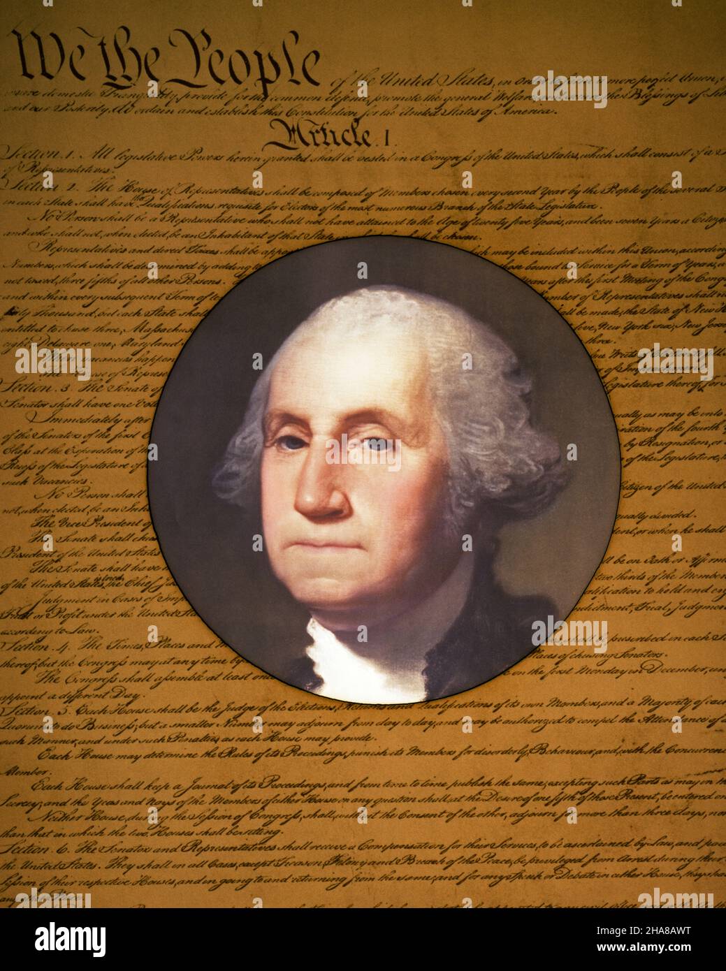 1790s VIGNETTE OF GEORGE WASHINGTON FIRST PRESIDENT ON TOP OF DOCUMENT THE UNITED STATES CONSTITUTION WE THE PEOPLE - kh8660 HAR001 HARS POLITICS CONCEPT CONCEPTUAL REVOLUTIONARY WAR GEORGE WASHINGTON SYMBOLIC CONCEPTS STATESMAN 1790s CAUCASIAN ETHNICITY FOUNDING FATHER HAR001 OLD FASHIONED REPRESENTATION VIGNETTE VIRGINIAN Stock Photo