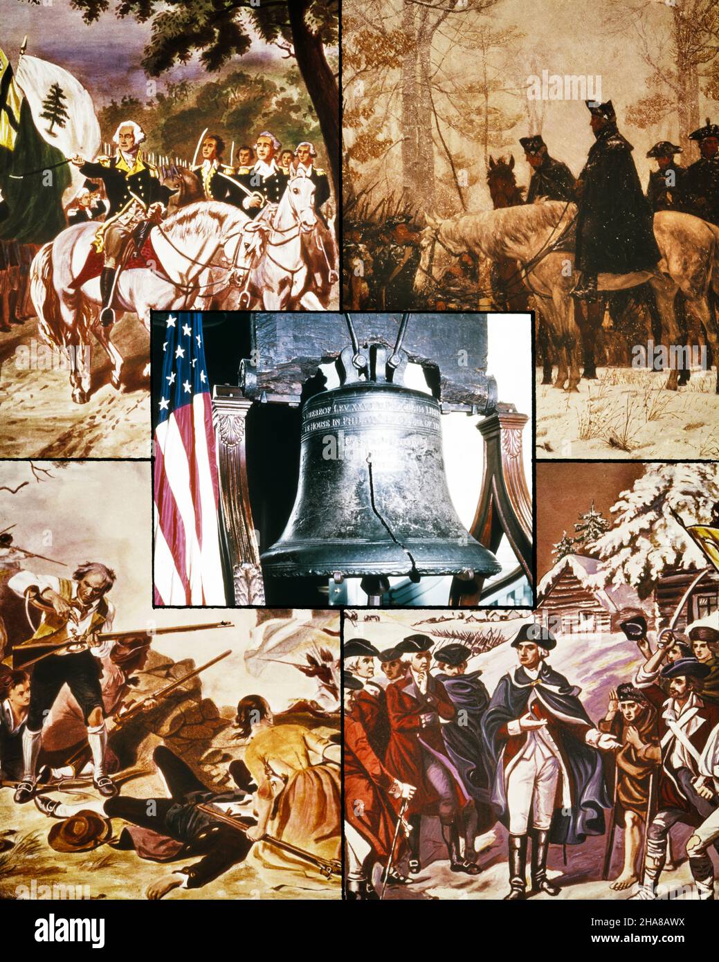 1770s MONTAGE OF VARIOUS AMERICAN REVOLUTIONARY WAR ILLUSTRATIONS WITH LIBERTY BELL IN THE CENTER - kh5775 HAR001 HARS VALLEY FORGE COMPOSITE EXCITEMENT LEADERSHIP PA POLITICIAN PRIDE 1776 AUTHORITY PATRIOT POLITICS WAR OF INDEPENDENCE CONCEPTUAL FIFE PATRIOTIC REVOLUTIONARY WAR VARIOUS GEORGE WASHINGTON REVOLT AMERICAN REVOLUTIONARY WAR 1770s COLONIES MA PATRIOTISM STATESMAN BATTLE OF LEXINGTON FOUNDING FATHER HAR001 OLD FASHIONED VIRGINIAN Stock Photo