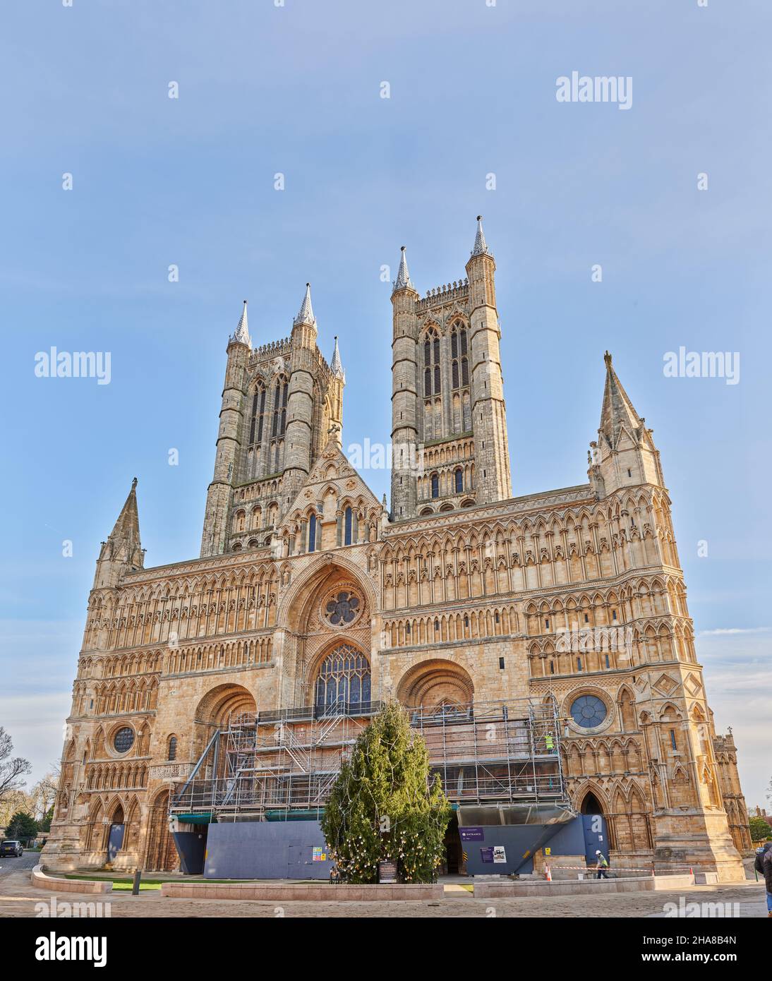 Refurbishment on the west front and towers of the medieval cathedral at Lincoln, England, christmas, 2021. Stock Photo