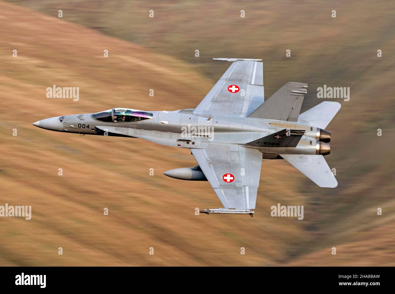 Swiss F-18 Hornets low flying in LFA17 during exercise Yorknite 2021 Stock Photo