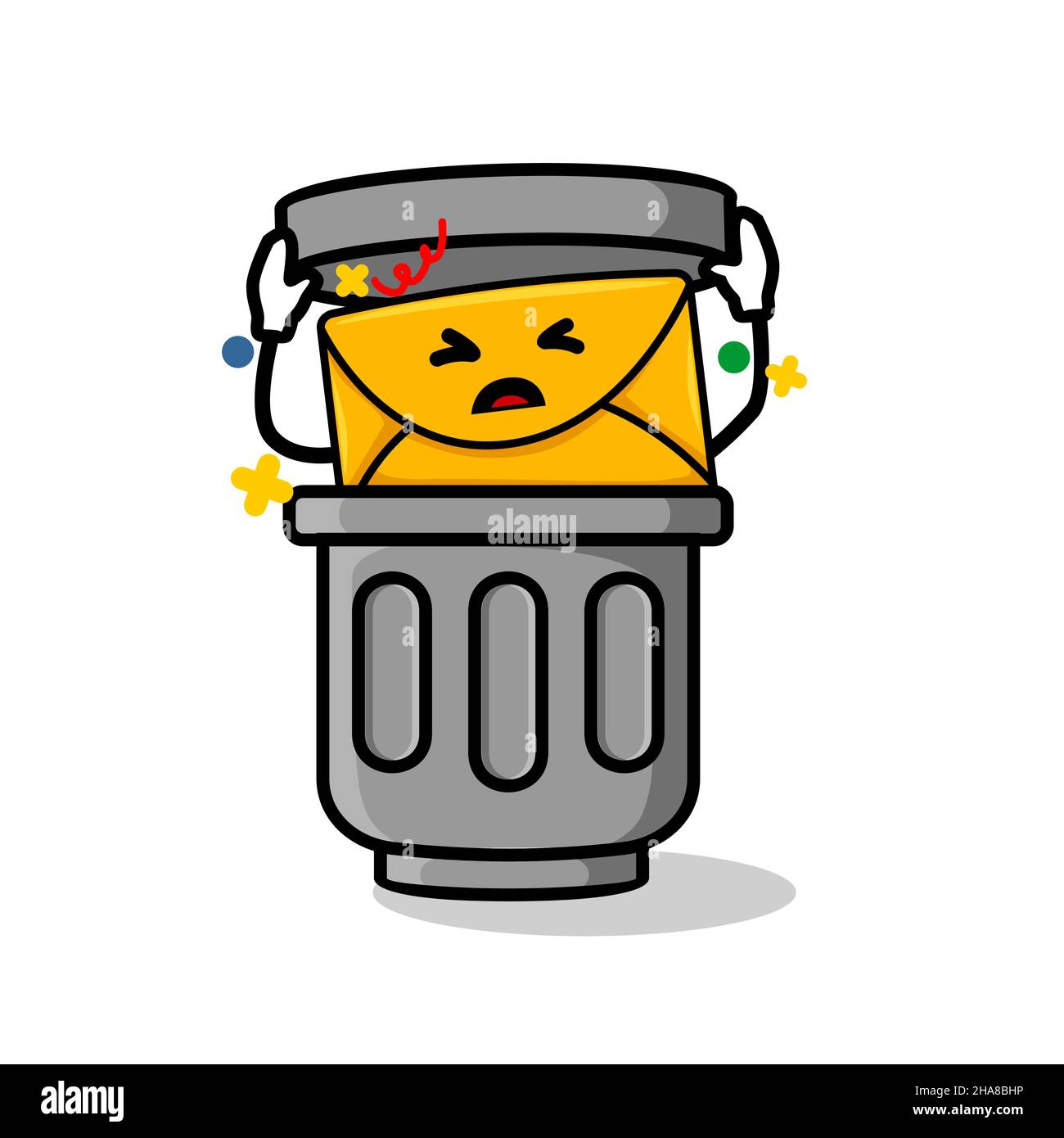 spam or junk email concept. isolated cute mail cartoon face iside rubbish bin vector illustration Stock Vector