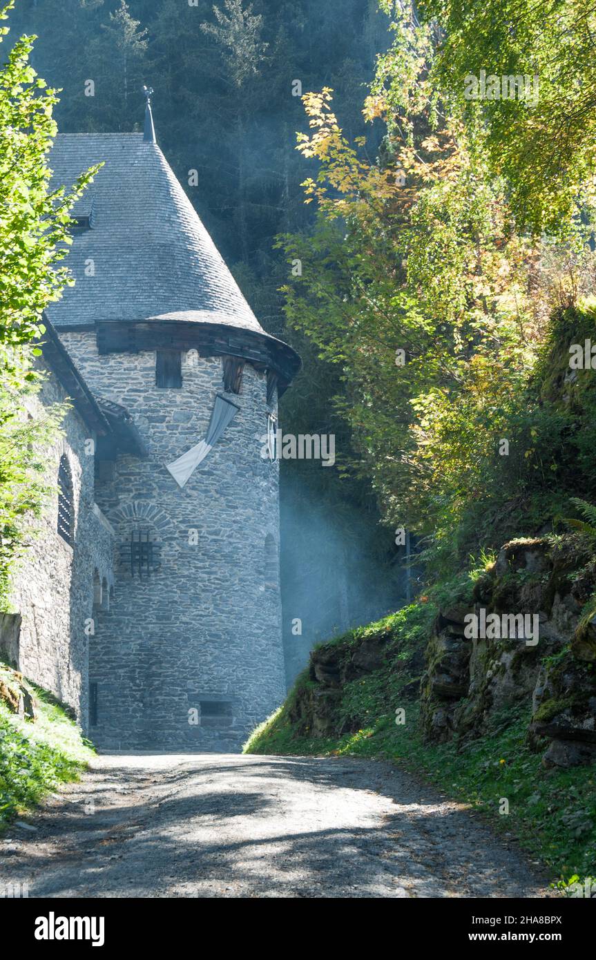 Detail shot of an old castle. Tower at the entrance and wafts of fog Stock Photo