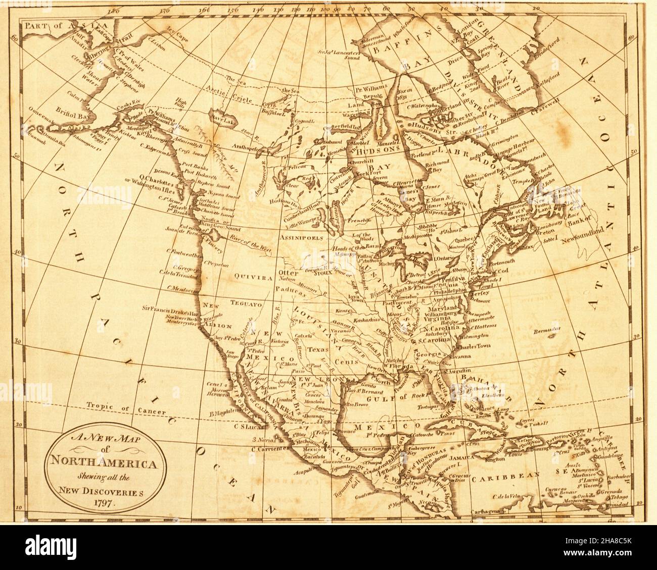 1790s MAP OF NORTH AMERICA SHOWING ALL NEWEST DISCOVERIES IN 1797 - ks38501 NAW001 HARS CONCEPTUAL STYLISH 1797 DISCOVERIES GROWTH 1790s AERIAL VIEW BLACK AND WHITE NEW WORLD OLD FASHIONED Stock Photo