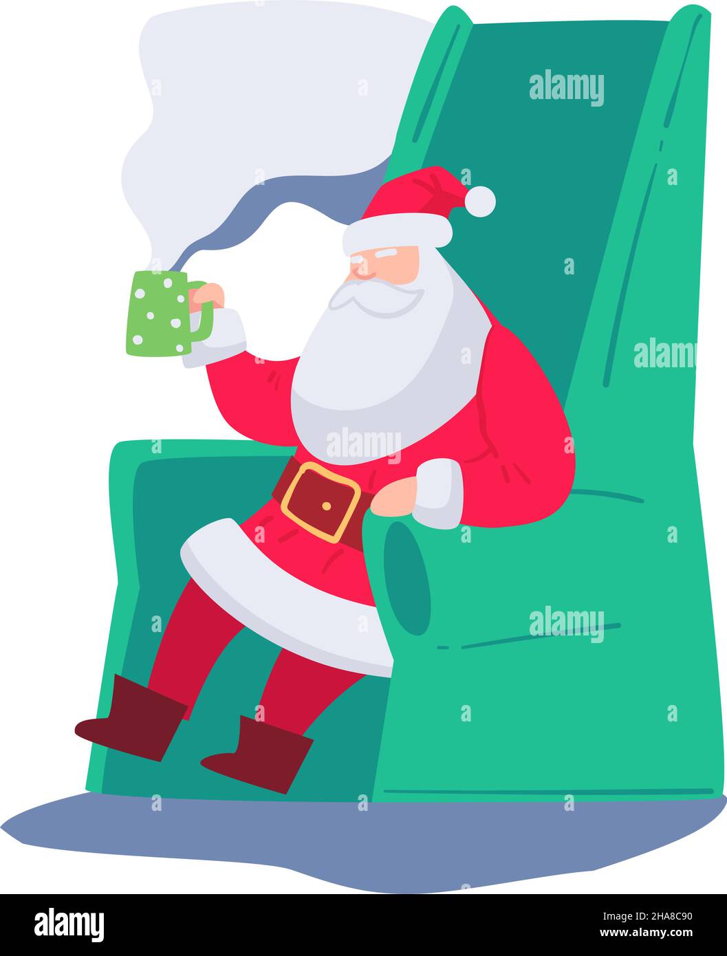 Christmas character sitting in cozy armchair and drinking warm coffee or tea, Santa Claus resting and relaxing. New year and Xmas celebration, persona Stock Vector