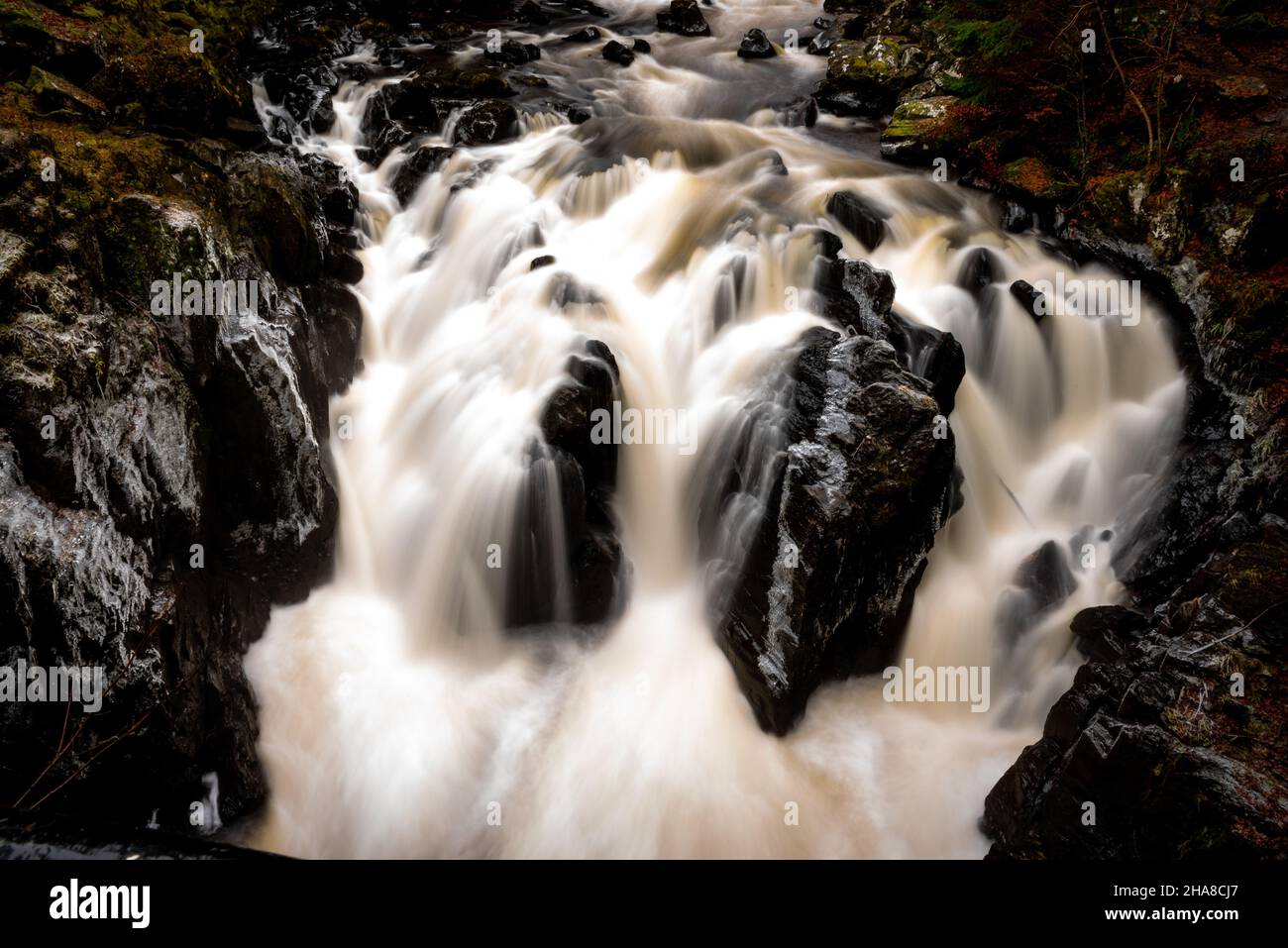 Frozen stones in Highland river at The Hermitage, Pitlochry, Scotland Stock Photo
