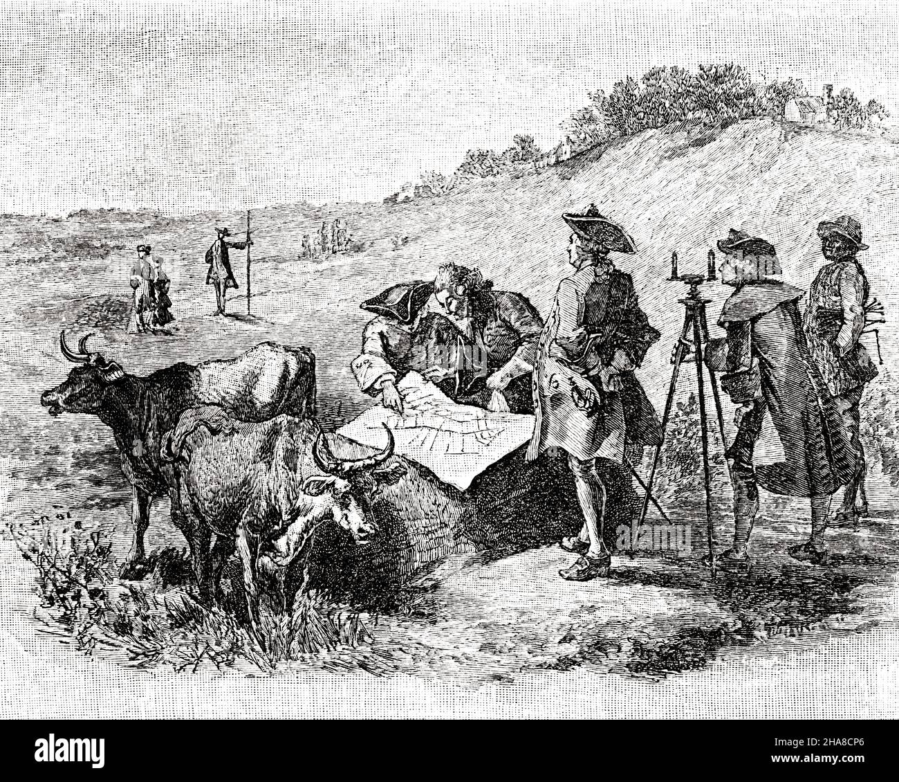 1700s JANUARY 12 1730 SURVEYORS WITH MAP AND MEASURING TOOLS AMID OXEN IN FIELD LAYING OUT BALTIMORE MARYLAND COLONIAL AMERICA - o3423 LAN001 HARS MALES PLANNING B&W FREEDOM GOALS CATTLE VISION SKILL OCCUPATION LAYING SKILLS ADVENTURE MD BALTIMORE AND TRICORN COLONY INNOVATION OPPORTUNITY AUTHORITY OCCUPATIONS OXEN HIGH TECH SURVEYING SIGHTING LEVELING SURVEYORS AMERICAS COOPERATION GROWTH PRECISION TRANSIT 1700s BLACK AND WHITE OLD FASHIONED Stock Photo