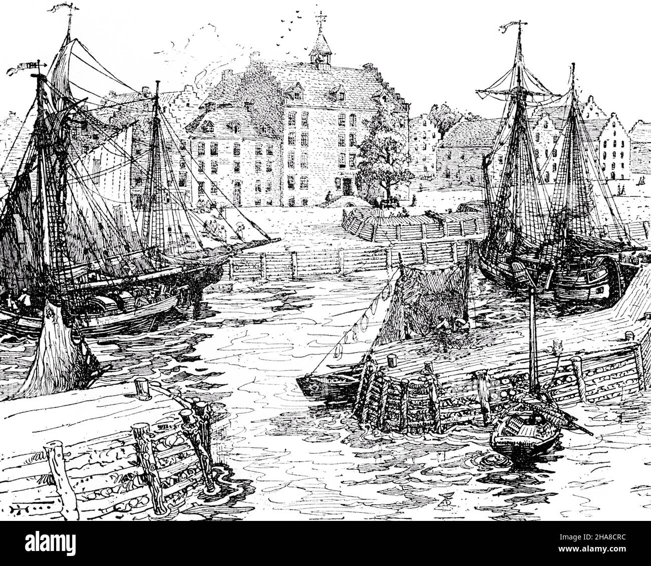 1600s 1679 NEW YORK CITY HALL AND THE DOCKS o3424 LAN001 HARS OLD