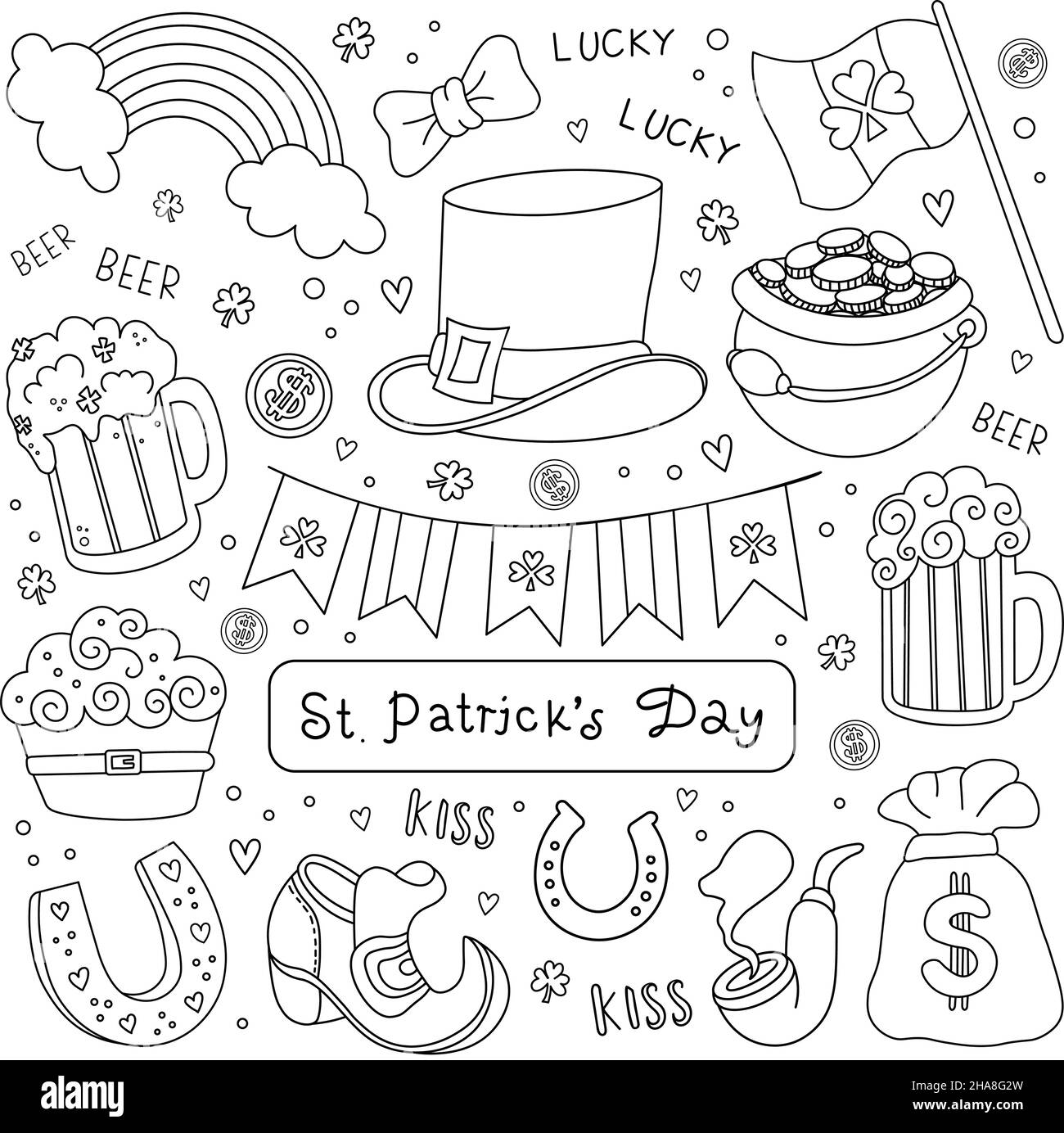 Hand-draw St. Patricks Day set. Vector illustration in doodle style isolated on background. Decor for design, cards, banners, posters. Traditional hol Stock Vector