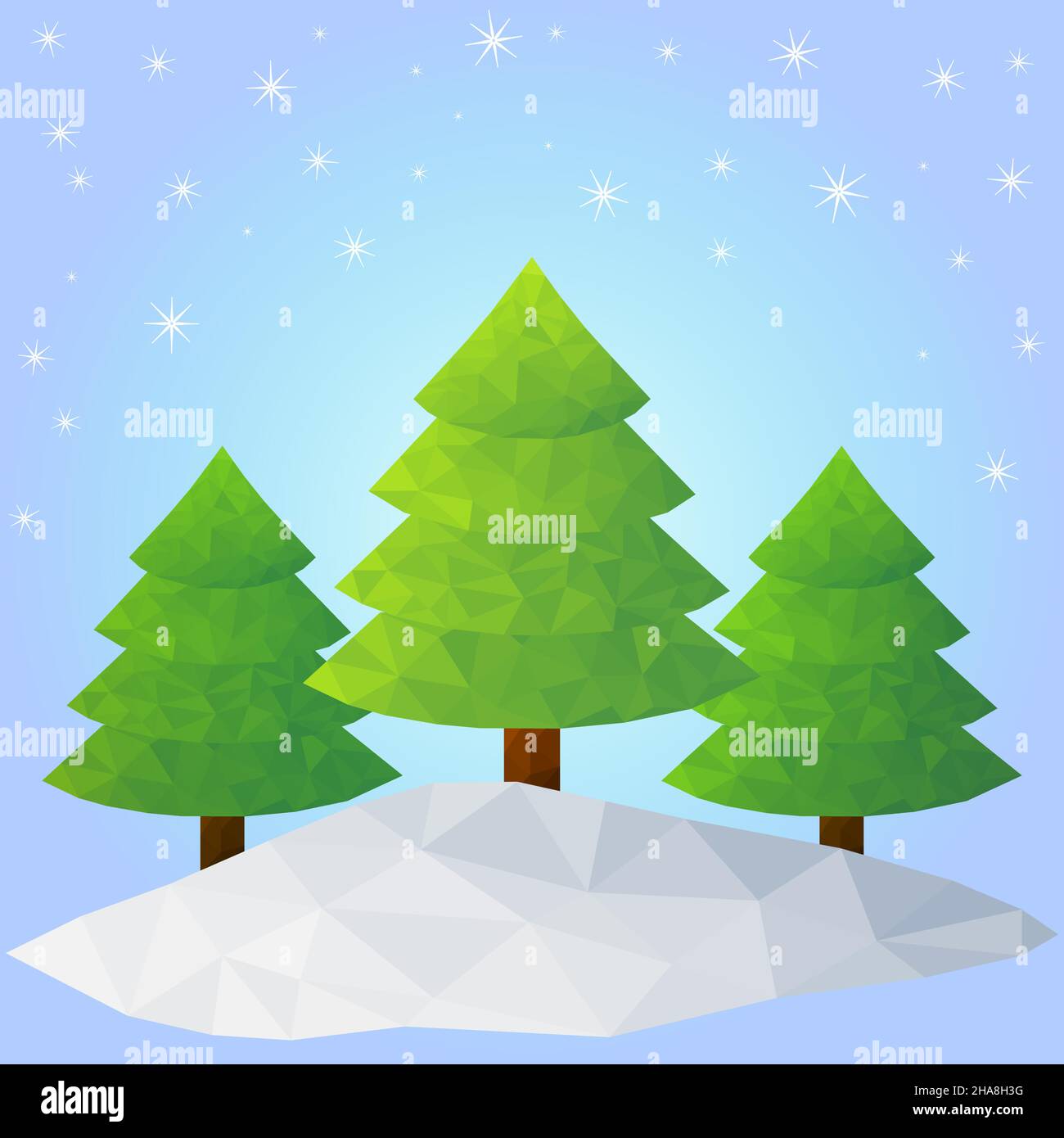 low poly Christmas trees made of triangles on a blue background with stars Stock Vector