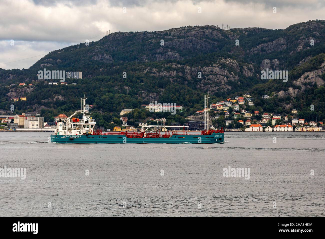 Bunkering tanker Bergen Tank in Byfjorden outside Bergen, Norway. Arriving the port Stock Photo