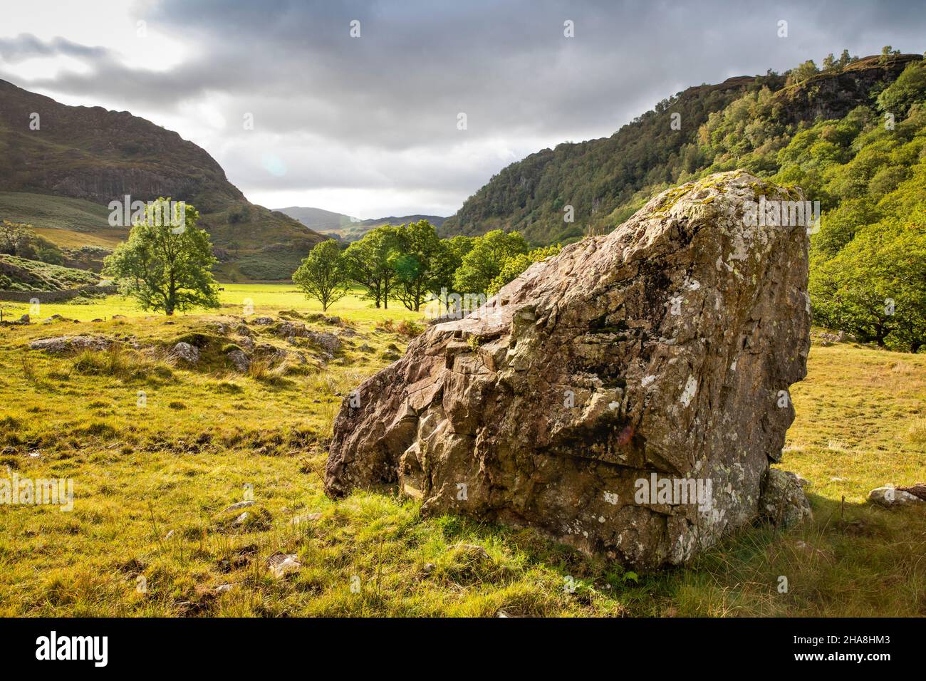 UK, Cumbria, Allerdale, Watendlath, glacial rock in field Stock Photo