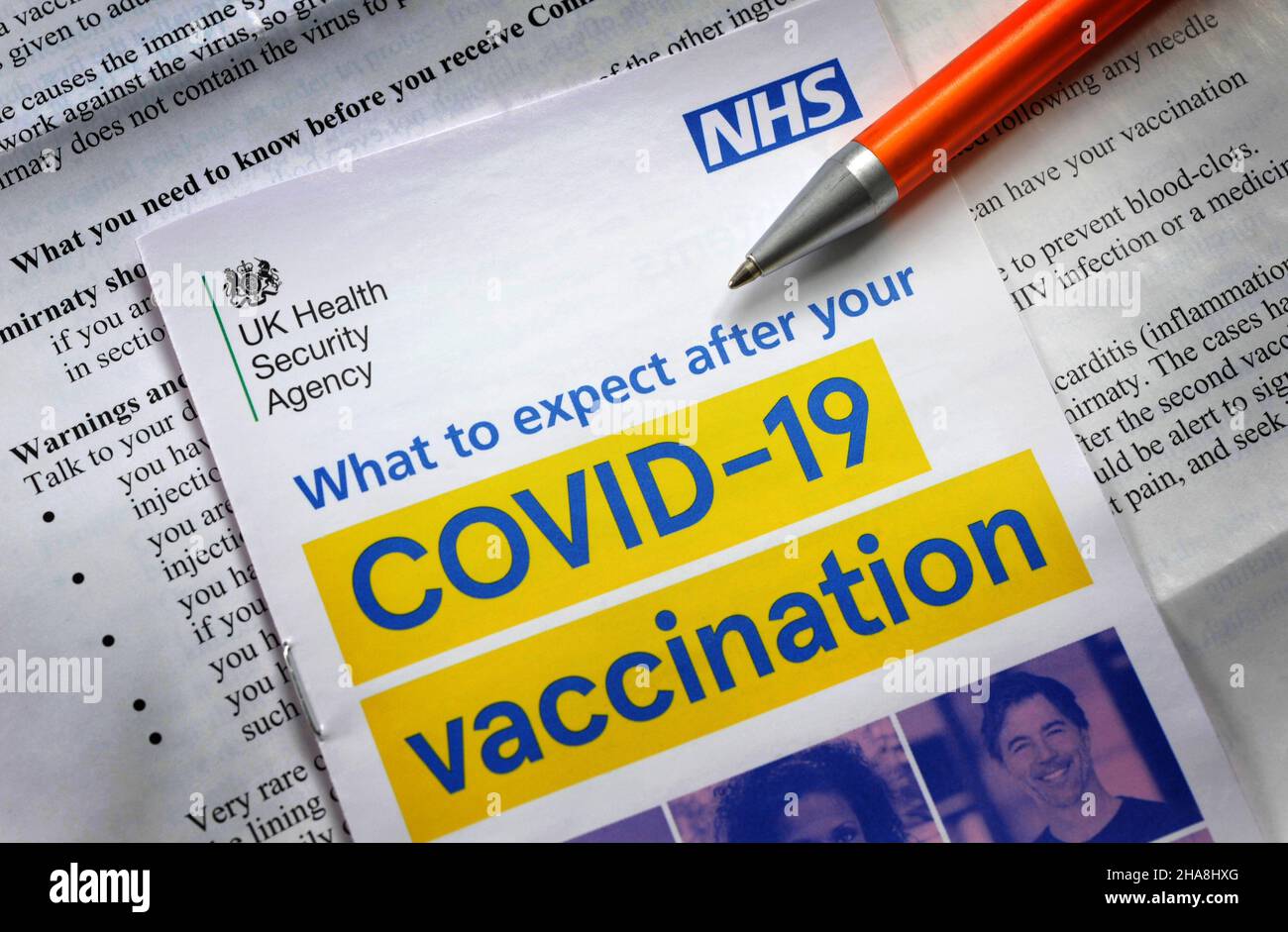 NHS COVID-19 INFORMATION LEAFLET ABOUT WHAT TO EXPECT AFTER YOUR COVID VACCINATION RE VACCINES   PANDEMIC CORONAVIRUS OMICRON ETC UK Stock Photo