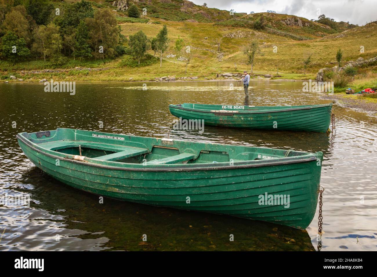 UK, Cumbria, Allerdale, Watendlath, Watendlath Tarn anglers’ rowing boats Stock Photo