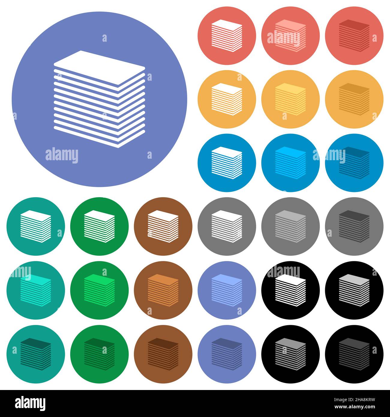 Paper stack solid multi colored flat icons on round backgrounds. Included white, light and dark icon variations for hover and active status effects, a Stock Vector