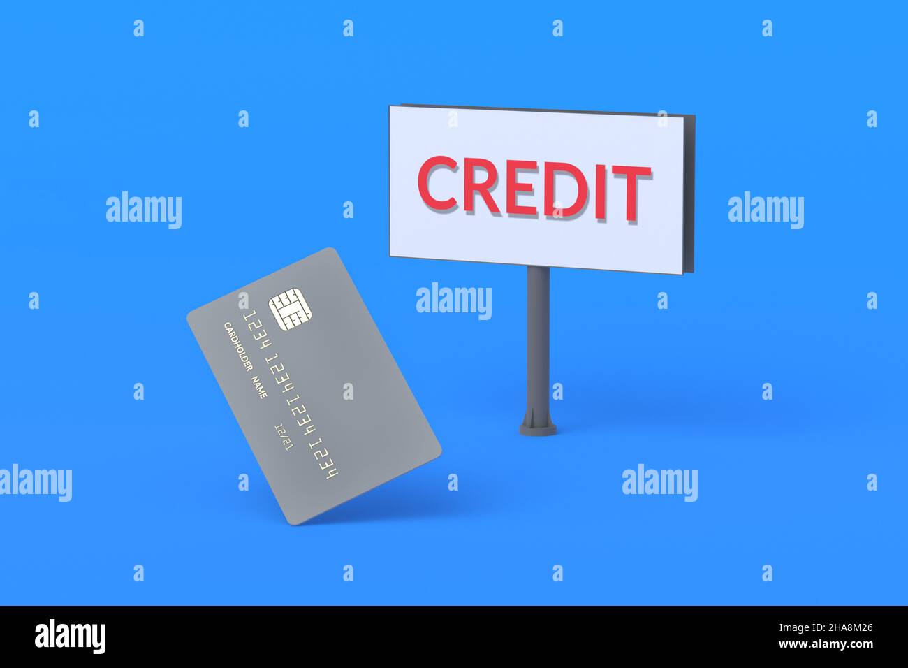 Plastic card near billboard with word credit. Online shopping. Cashless, remote payment of mortgages, debt, arrears. 3d render Stock Photo