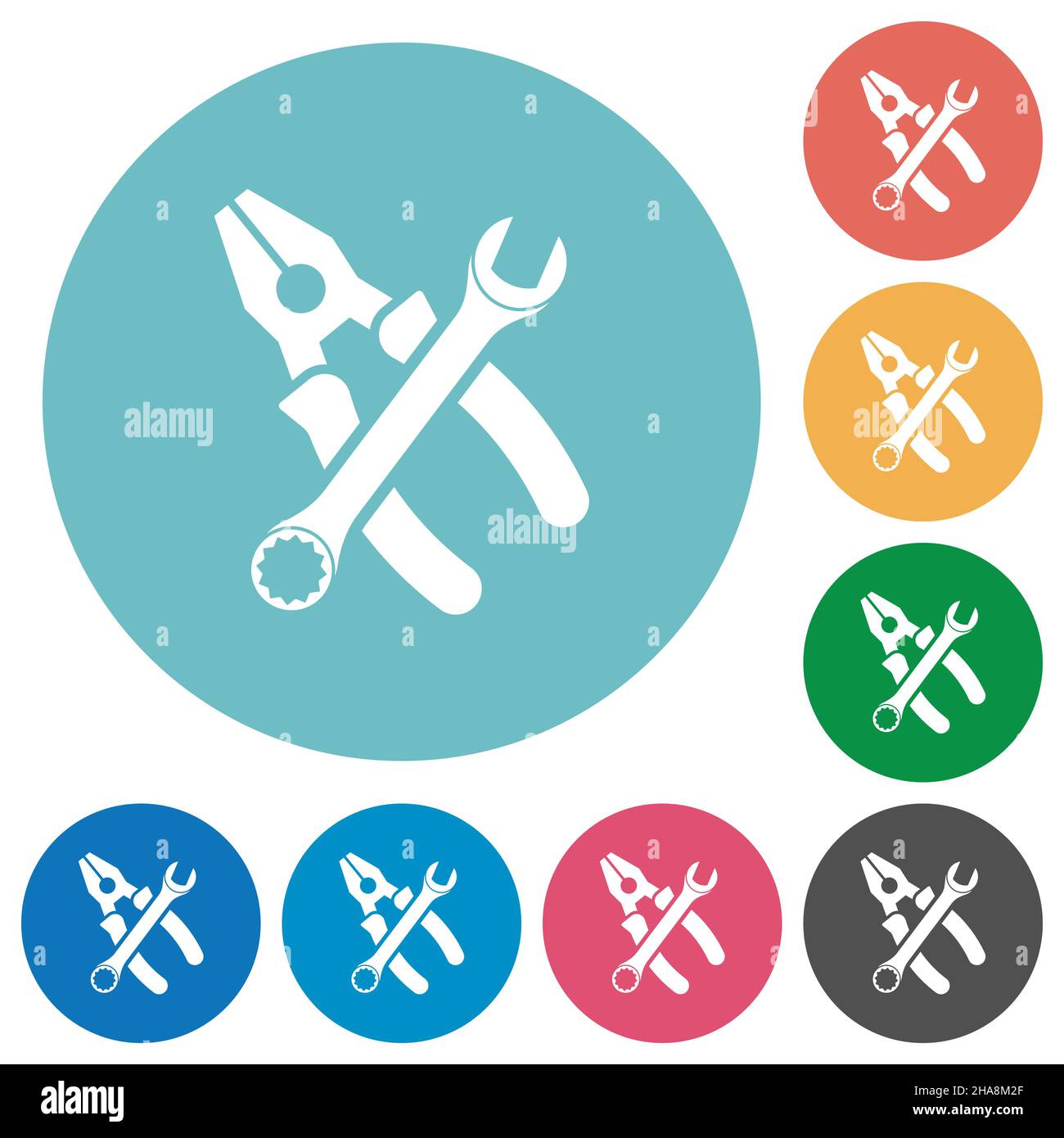 Combined pliers and wrench in crossed position flat white icons on