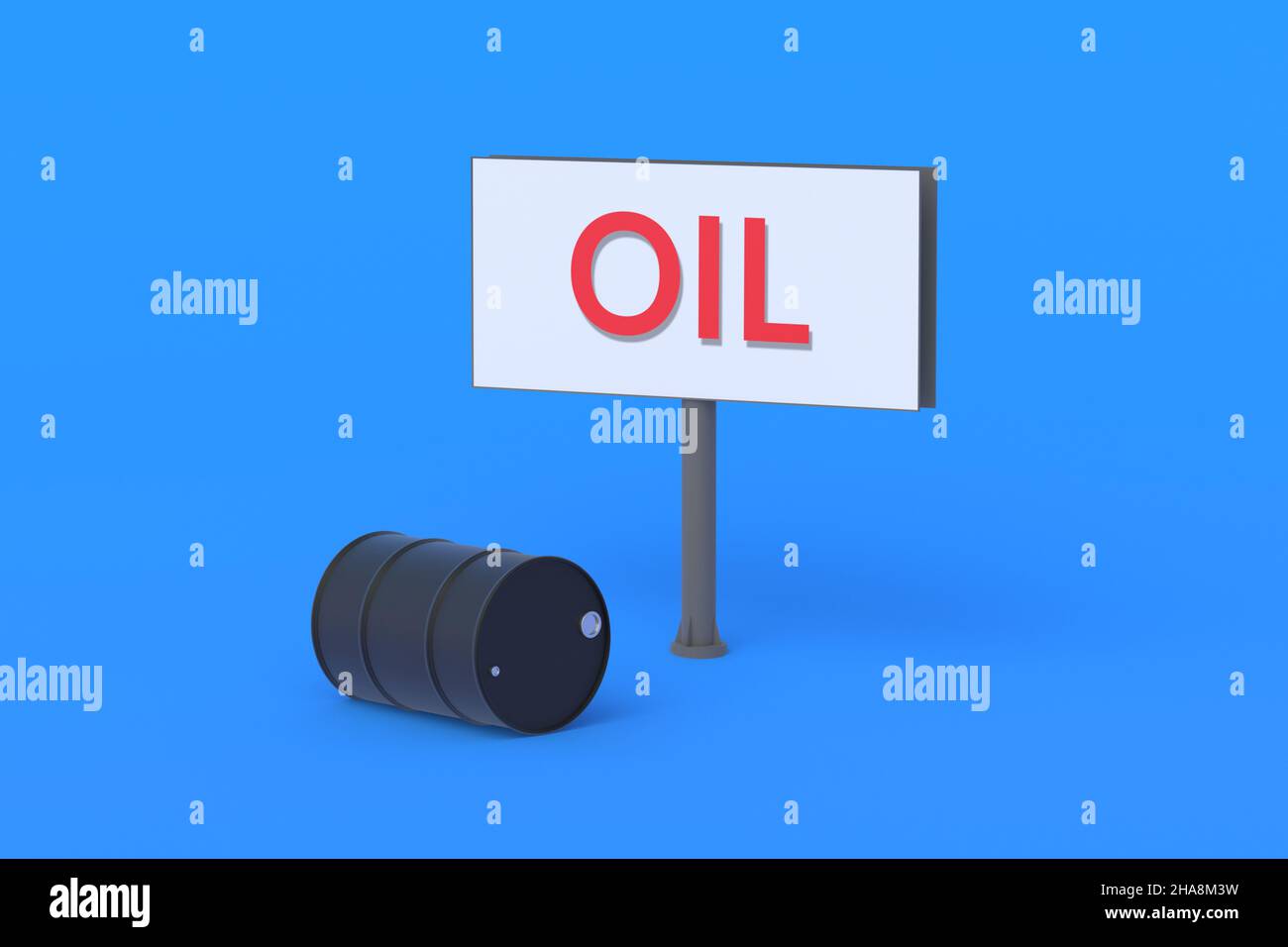 Barrel near billboard with word oil. Purchase and sale of energy resources. Information about the field petroleum. transportation of fuels and lubrica Stock Photo