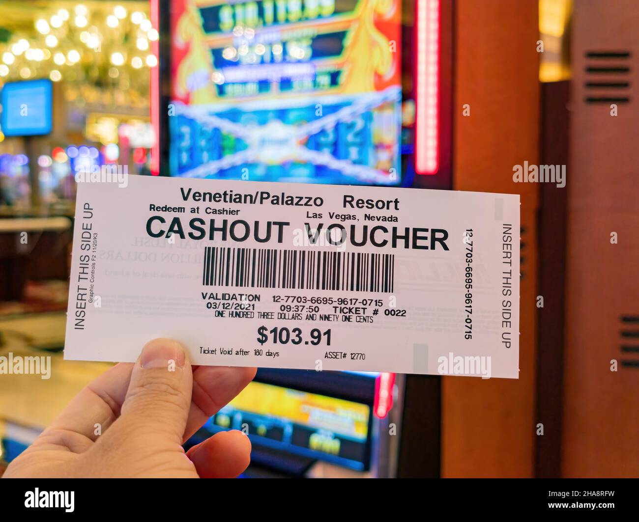 Las Vegas, MAR 5 2021 - Close up shot of a cashout voucher in The Venetian casino Stock Photo