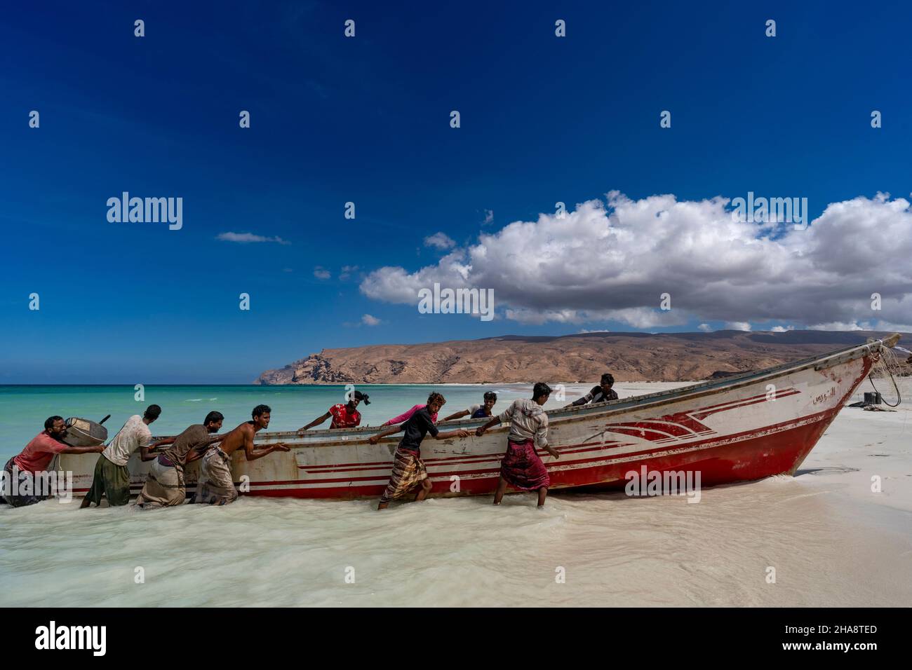 Fishermen on the sand beach of Socotra island in Yemen, October 23, 2021. (CTK Photo/Ondrej Zaruba) Stock Photo