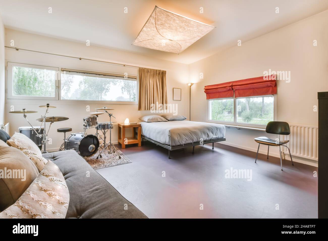 Interior of a cozy and bright bedroom with beautiful decoration Stock ...