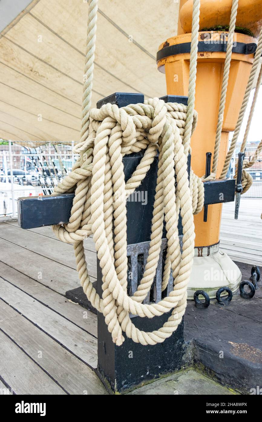 coiled rope on ship at Chatham historic dockyard Stock Photo - Alamy