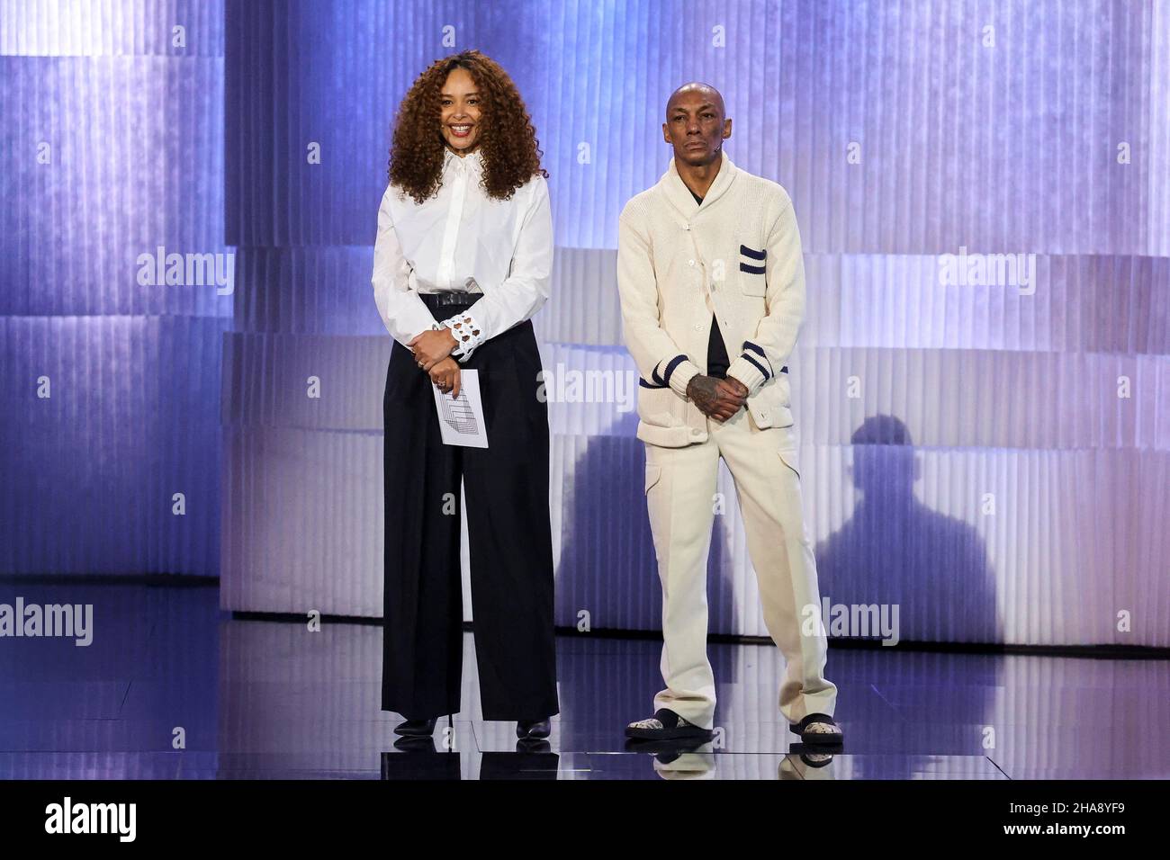 Berlin, Germany. 11th Dec, 2021. Joy Denalane and Tricky are on stage at the 34th European Film Awards. The European Film Academy presents the awards in Berlin. Credit: Christian Mang/Reuters/Pool/dpa/Alamy Live News Stock Photo