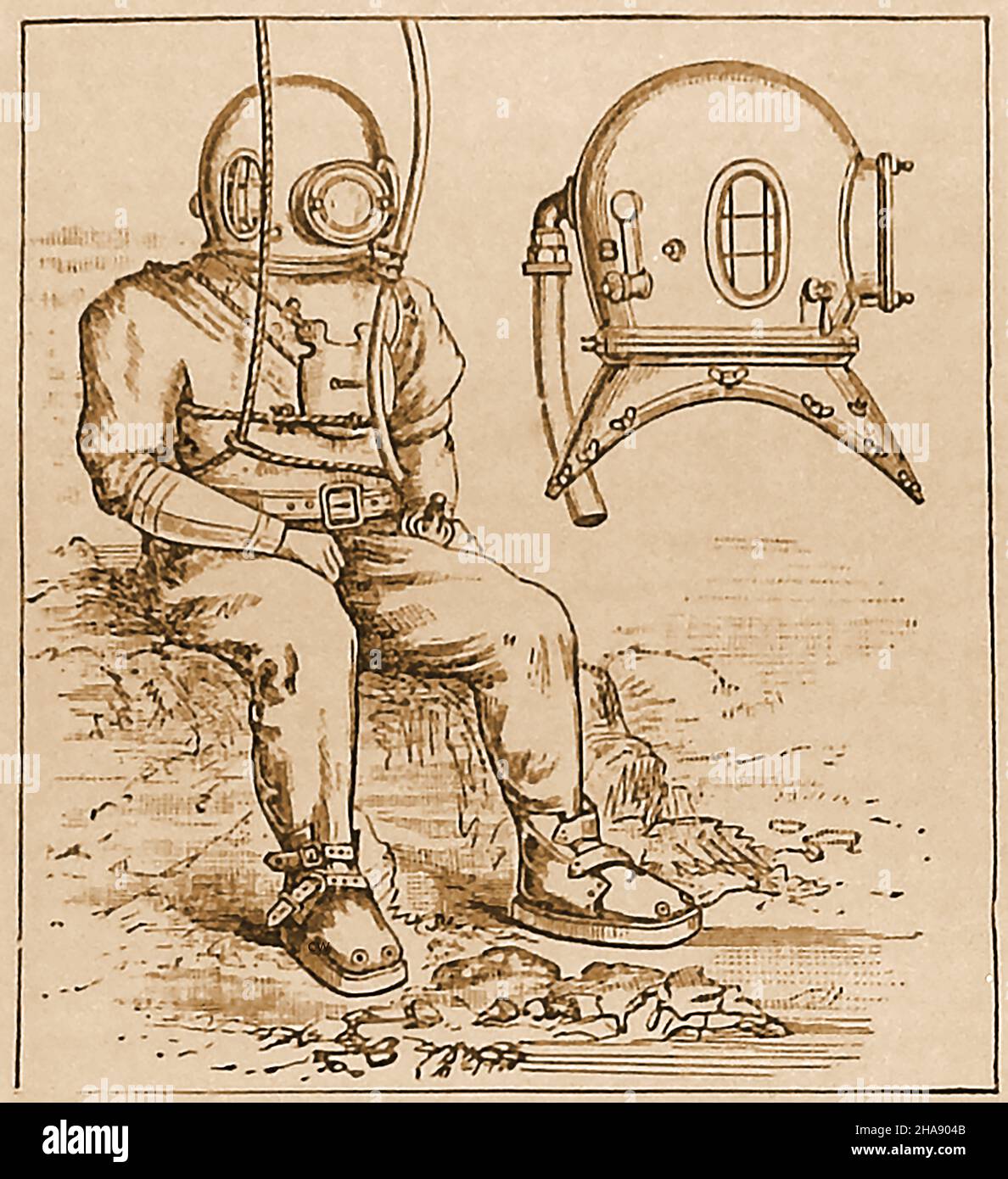 A late 19th century illustration of a diving -dress (Diving suit) and helmet designed by Siebe, Gorman & Co.. The British company  developed commercial diving  and underwater  breathing equipment and engaged in  salvage projects. The company advertised itself as 'Submarine Engineers' was founded by Augustus Siebe , a German-born British engineer. Stock Photo