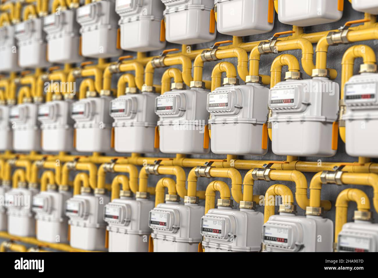 Natural gas meters iin a row. Household energy consumption. 3d illustration Stock Photo