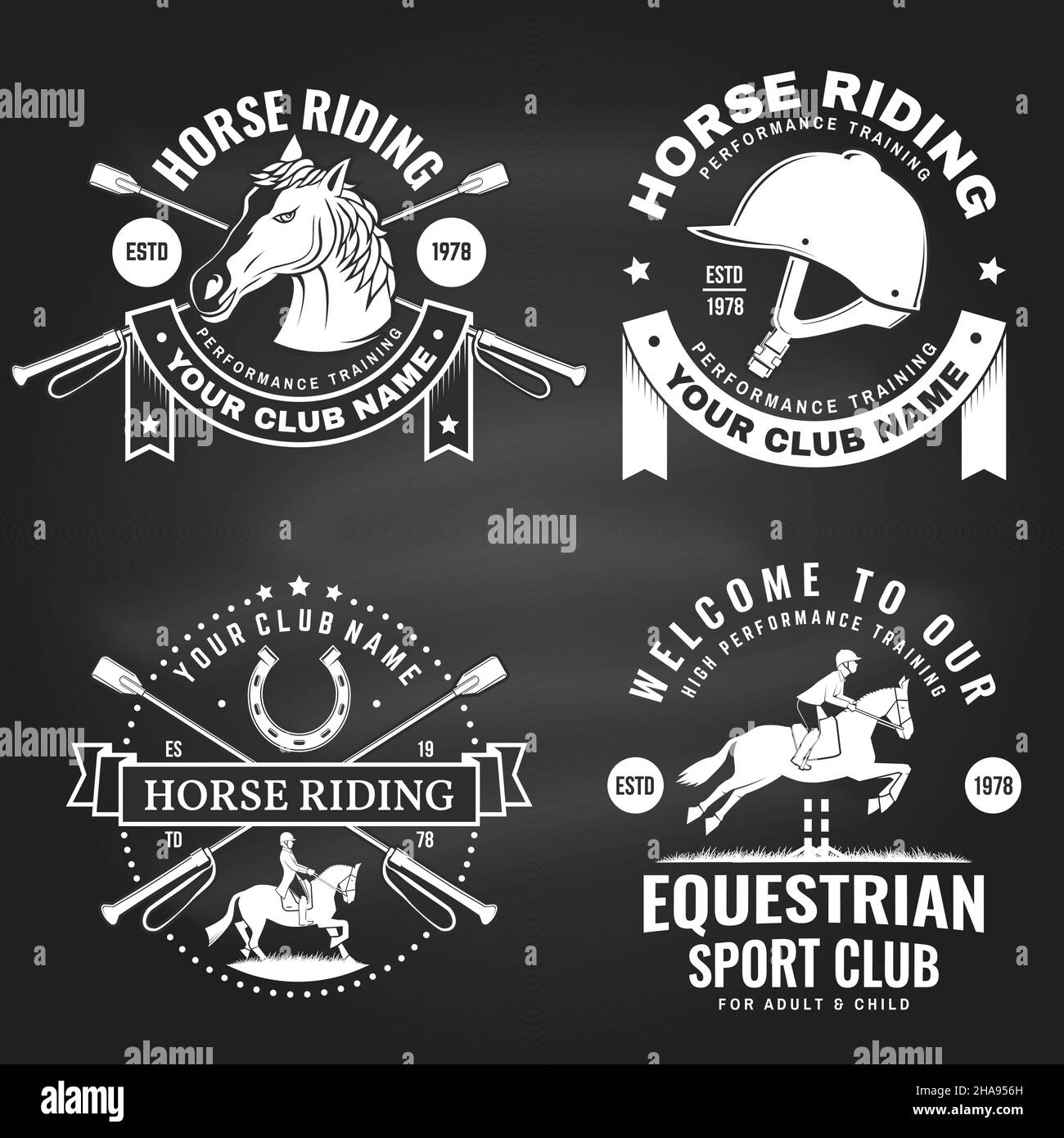 Set of Horse riding sport club badges, patches, emblem, logo. Vector illustration. Vintage monochrome equestrian label with rider, helmet and horse Stock Vector