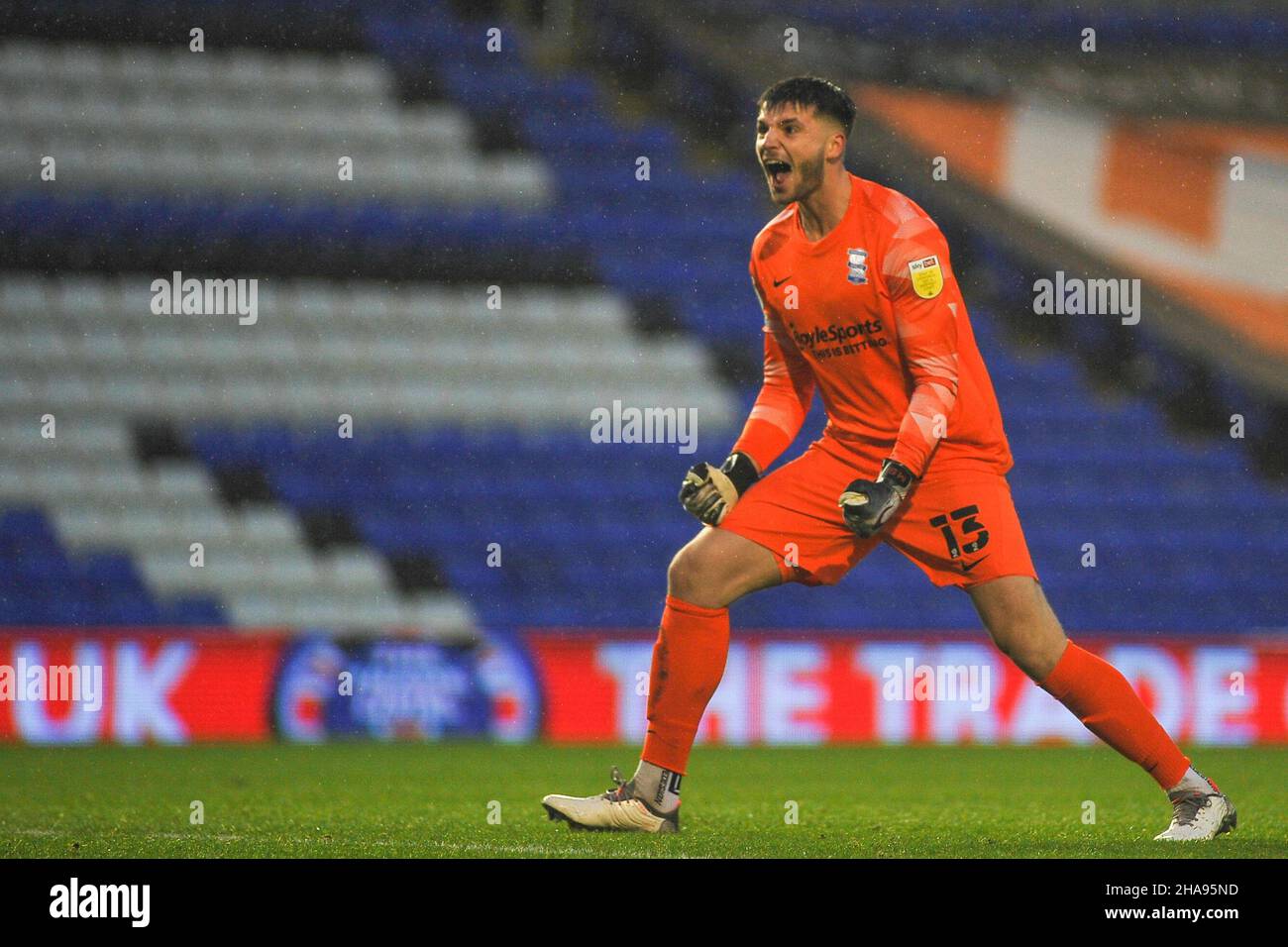 Matija Sarkic (Birmingham no. 13 ) celebrates teams 1st goal during the Sky Bet Championship match between Birmingham City and Cardiff City at St Andrews, Birmingham, England on 11 December 2021. Photo by Karl Newton/PRiME Media Images. Credit: PRiME Media Images/Alamy Live News Stock Photo