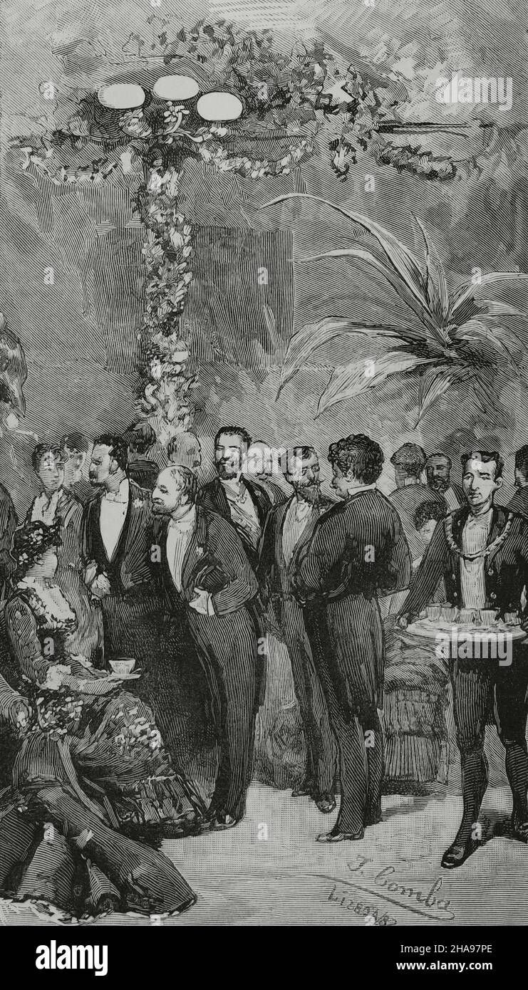 Portugal, Lisbon. Celebrations organized by the Portuguese writers association in honor of Spanish journalists. Literary Evening at Doña Maria Theatre. Foyer. Drawing by Juan Comba. Engraving. La Ilustración Española y Americana, 1882. Stock Photo