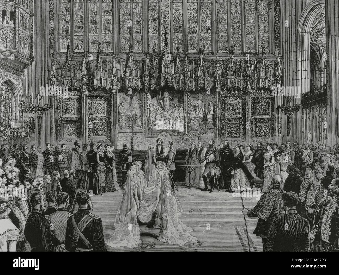 Marriage of the Duke of Albany (27th April 1882). Leopold, Duke of Albany (1853-1884), the eighth child of Queen Victoria and Prince Albert. He married Princess Helena of Waldeck and Pyrmont (1861-1922) in St George’s Chapel at Windsor Castle (England). Wedding Blessing Ceremony. Engraving by Capuz. La Ilustración Española y Americana, 1882. Stock Photo