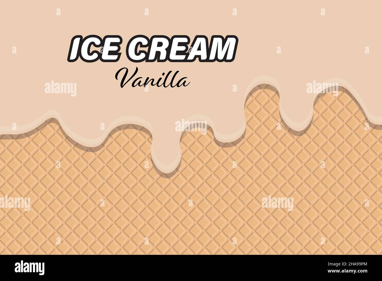 Melting vanilla ice cream with waffle background. Stock Vector
