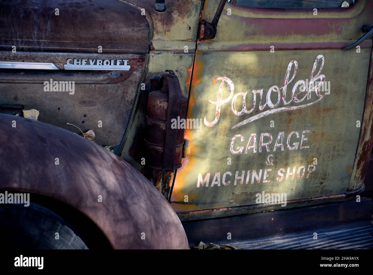 A vintage 1940s Chevrolet machine shop and garage truck retired from service and parked in Taos, New Mexico. Stock Photo
