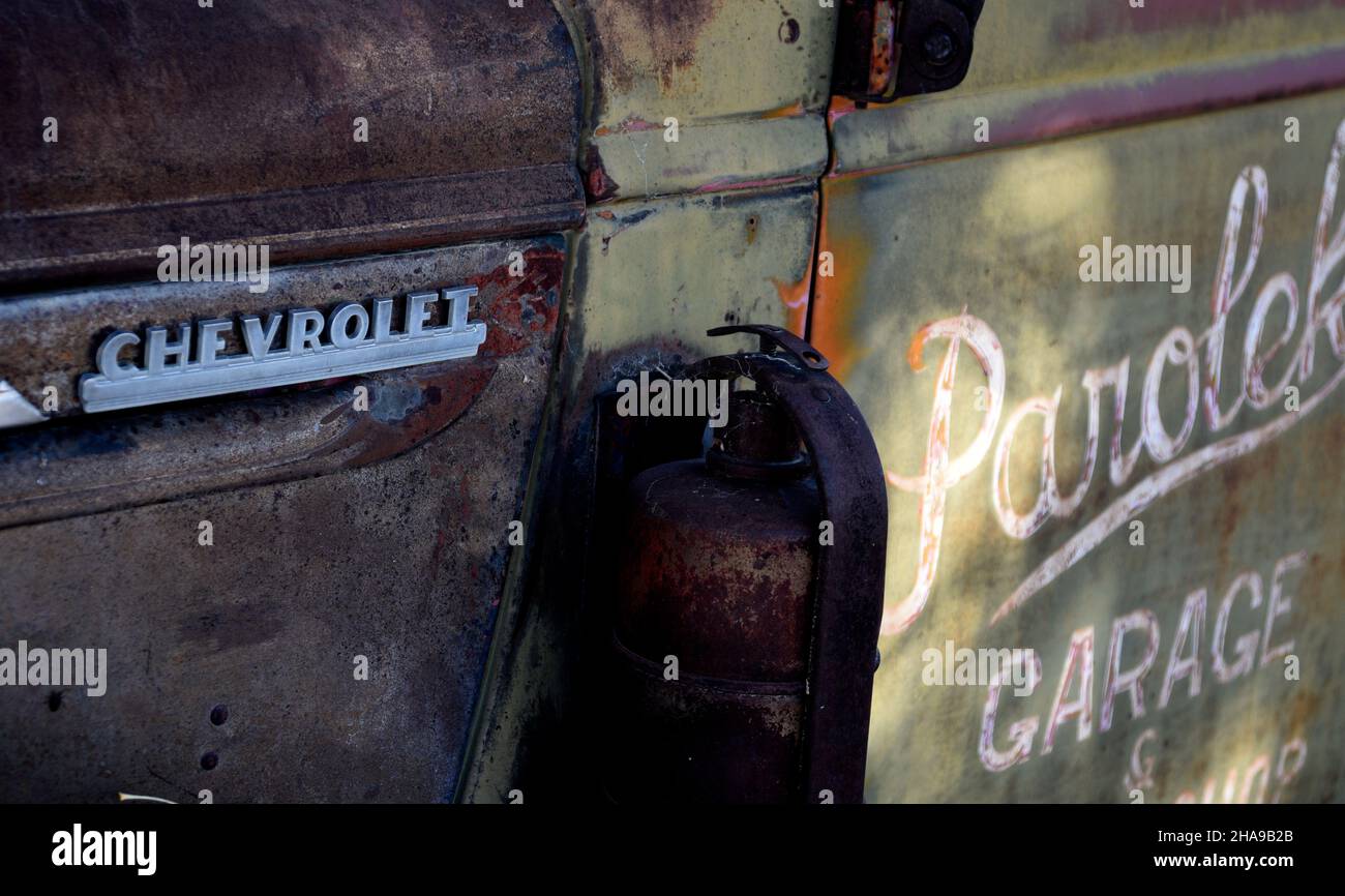 A vintage 1940s Chevrolet machine shop and garage truck retired from service and parked in Taos, New Mexico. Stock Photo