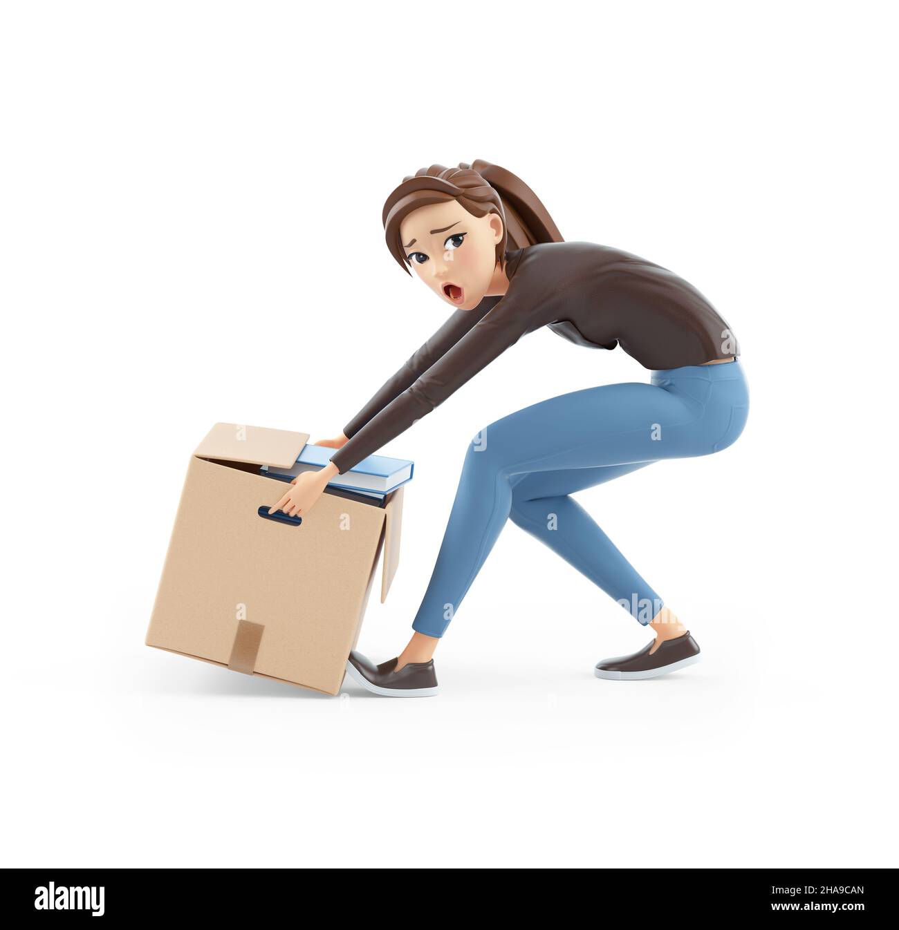 3d cartoon woman lifting heavy box, illustration isolated on white background Stock Photo
